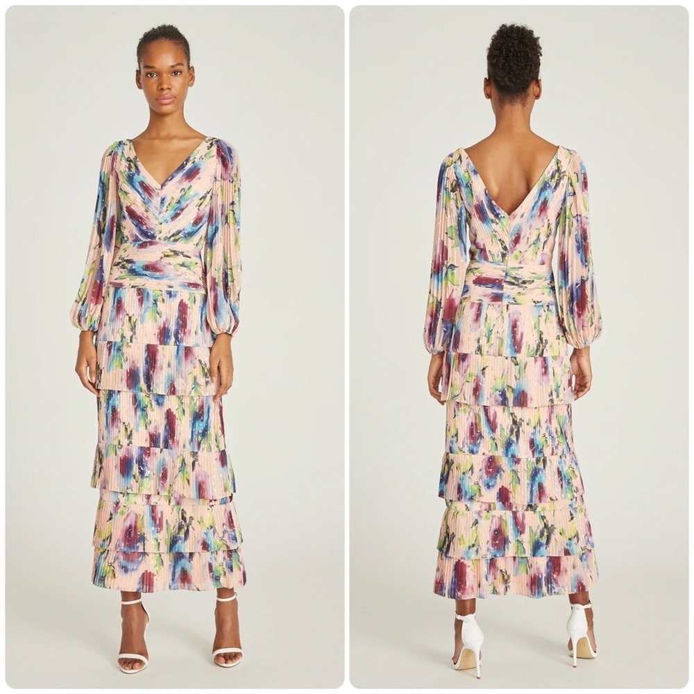 New! Theia ELLIS Pleated Tiered Ankle Maxi Dress 🩷 size 2